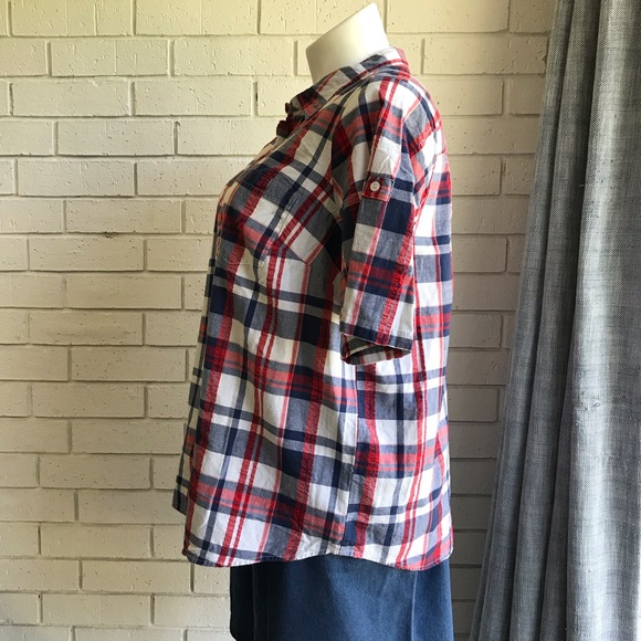 Cotton Shirt Button Down Roll Tab Short Sleeve Red White Blue Woman Within Sz 1X - Picture 2 of 10